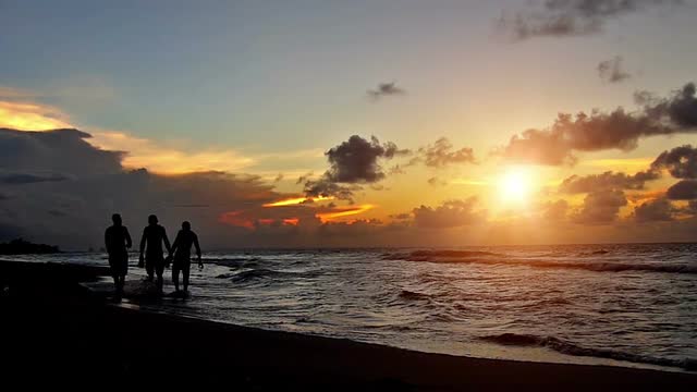 silhouettes-of-a-three-men-walking-along-a-tropical-beach-at-sunset-unrecognizable-peopleslow-motion-high-speed-camera_nklkofuee__M0000